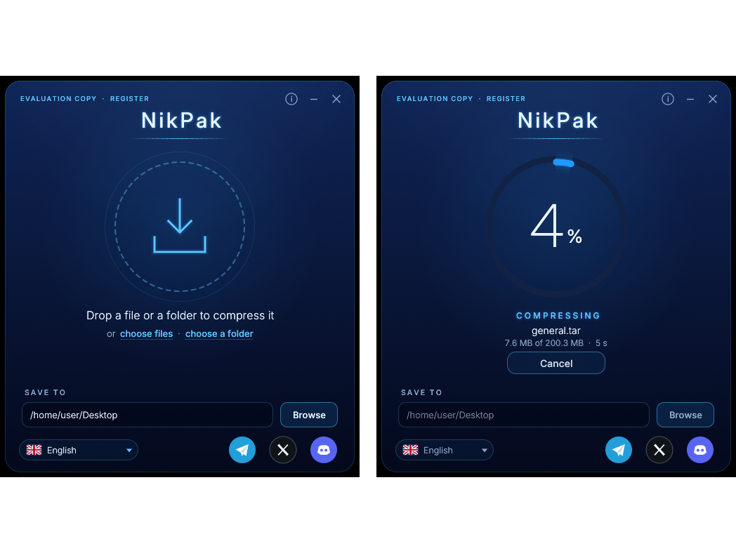 The nikpak window: waiting for files (left) and compressing (right).