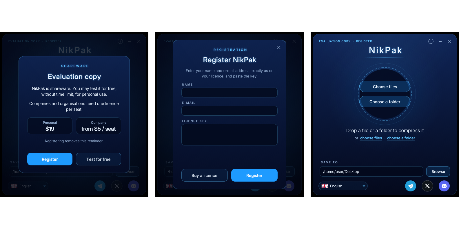 The reminder of the evaluation copy, the registration box and the file chooser.